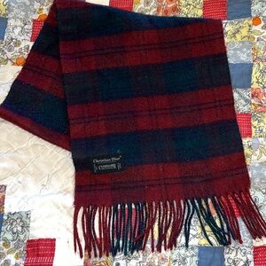 Vintage Christian Dior Cashmaire plaid fringe scarf 48” x 11”